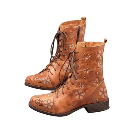 

UKAP Women Winter Boots Side Zip Ankle Booties Lace Up Combat Boot Fashion Floral Shoes Ladies Low Heel Mid Calf Yellow brown 8.5