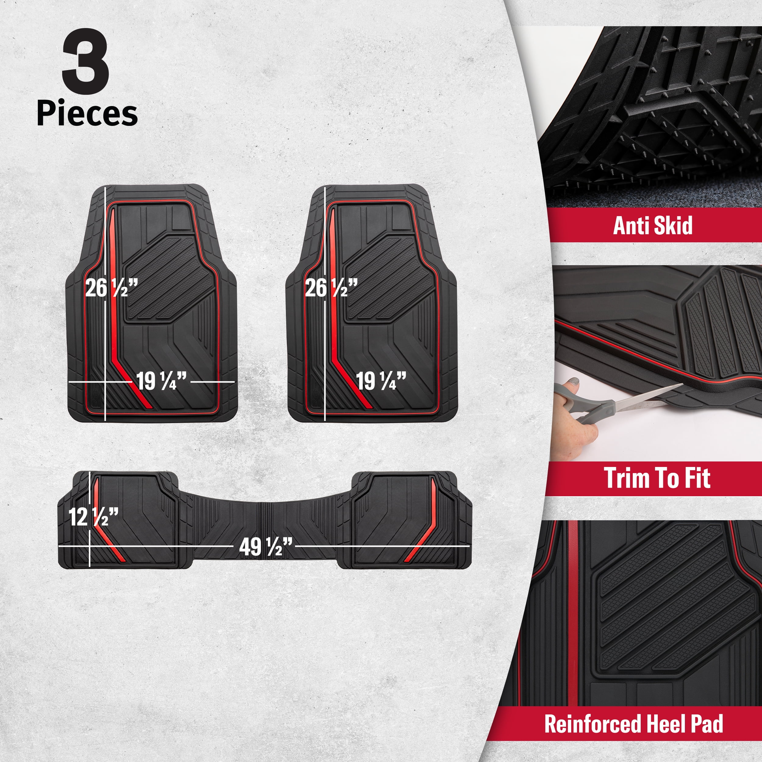 Genuine Dickies 3 Piece Durasport Black and Red Rubber Floor Mat, 80037WDC