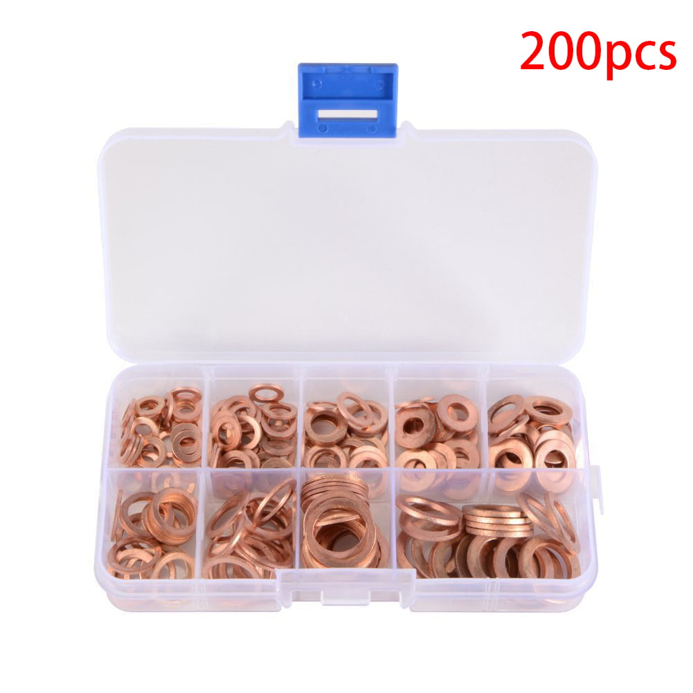 200Pcs M5-M14 Copper Washer Gasket Set Flat Ring Sealing Assortment Kit with Box 