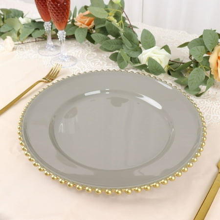 

Efavormart 6 Pack | 12 Charcoal Gray / Gold Acrylic Plastic Beaded Rim Round Charger Plates