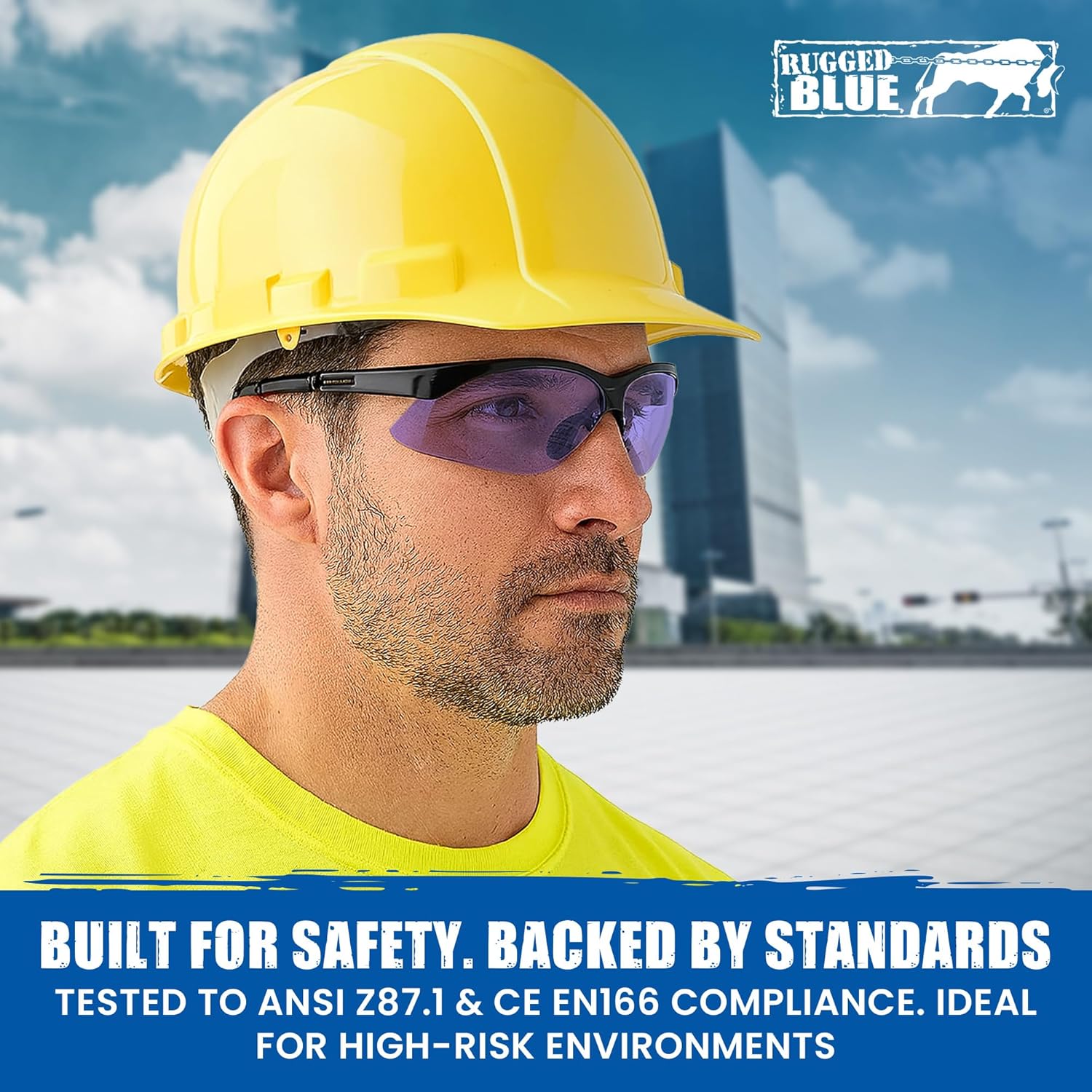 RUGGED BLUE Mojave Blue Mirror Safety Glasses for Men/Women | ANSI Certified Eye Protection Glasses and Protective Eyewear | Anti-Scratch Coating and Wrap Around One-Piece Design Work Glasses -12 Pac
