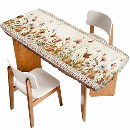 Vintage Floral Table Cloths for 8 Foot Rectangle Tables Elegant Pastoral Flowers Retro Art Patio Waterproof Elastic Fitted Tablecloths Washable Rectangular Table Cover for Camping