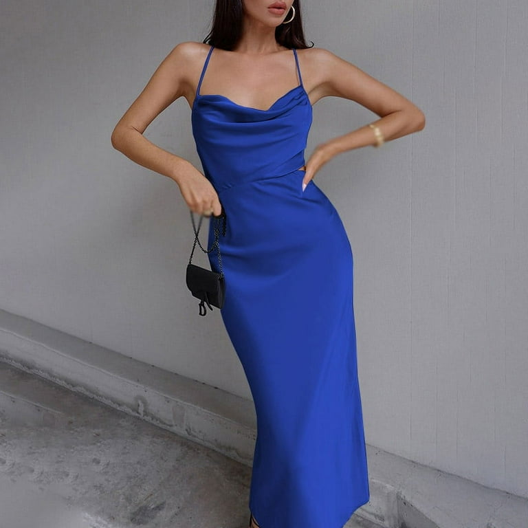 slip silk satin midi dress blue Navy Satin Cowl Back Midi Slip Dress | Womens | Large (Available in M) | 100% Polyester | Lulus