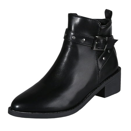 

Dyfzdhu Buckle Studded Decor Zipper Side Boots For Women Retro Pointed Toe Heel Ankle Boots Short Boots Ladies Shoes Booties
