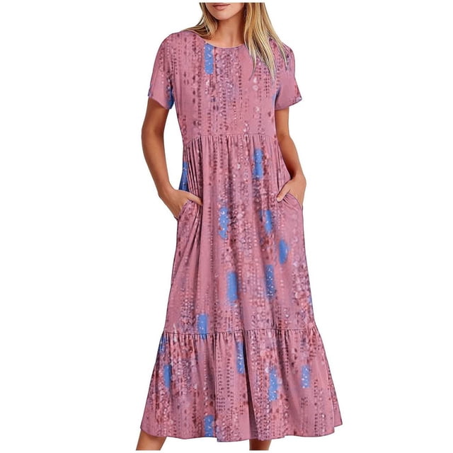 QJUHUNG Robe Midi à Manches Courtes Imprimée Florale Hawaïenne pour Femmes Robe Fluide avec Poches Tenue de Plage Ample