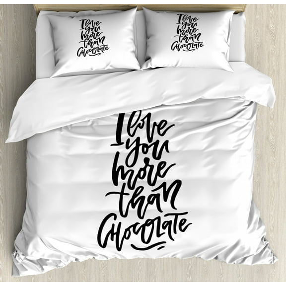 I Love You More Queen Size Duvet Cover Set, Romantic Hand Drawn Lettering Black and White Design Chocolate Phrase, Decorative 3 Piece Bedding Set with 2 Pillow Shams, Black White, by Ambesonne