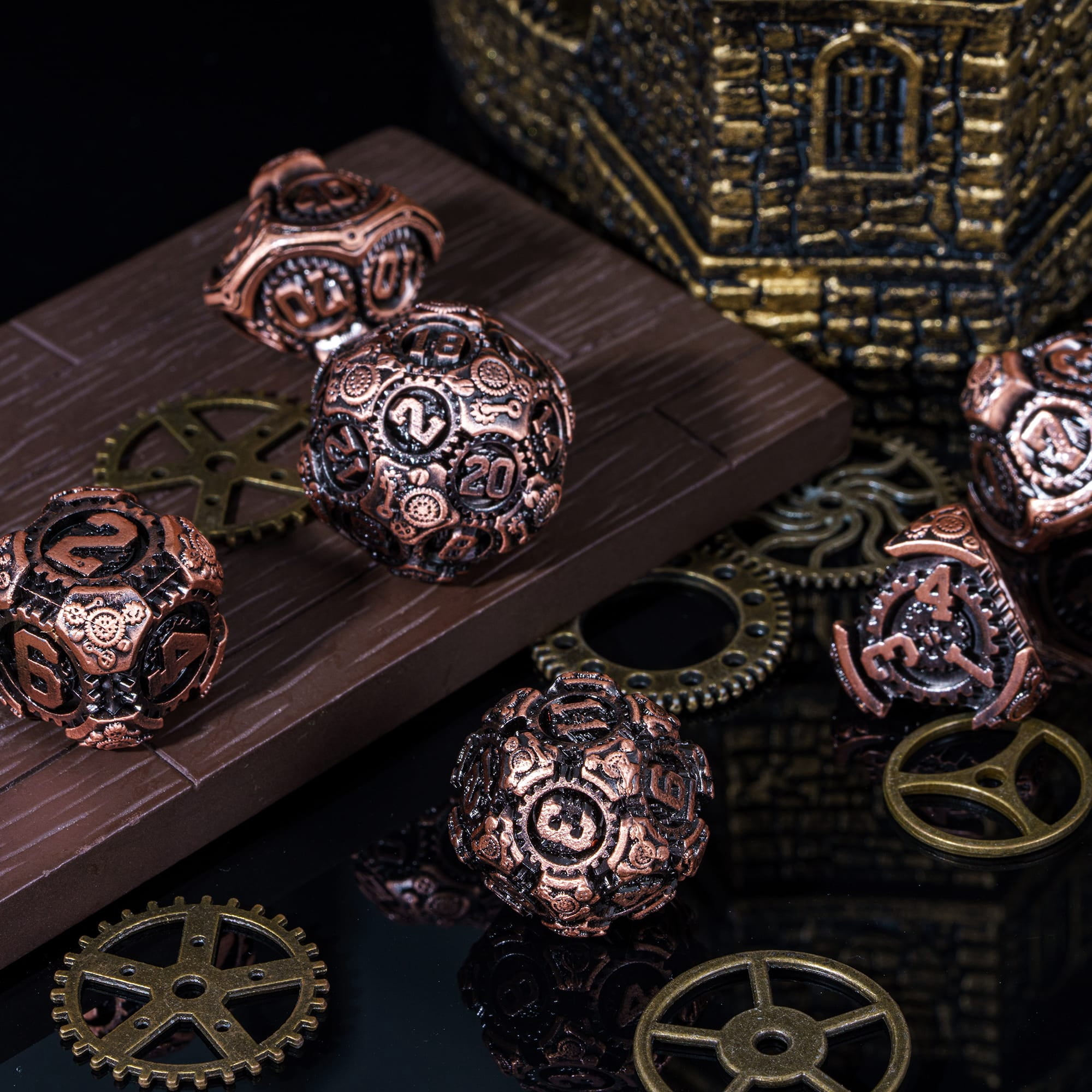Cusdie 7-Die Metal DND Dice Set, Steampunk Gear Design Metal Polyhedral D&D Dice Set for DND Dungeons and Dragons TTRPG Role Playing Games