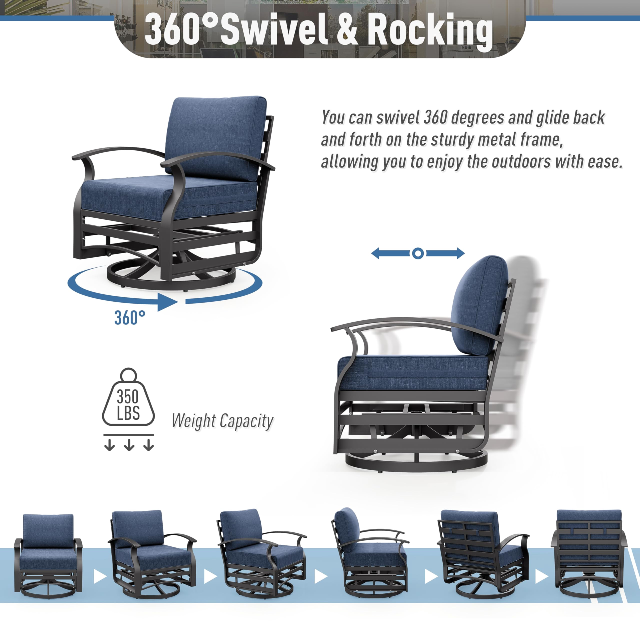 ALAULM Aluminum Patio Furniture Set 5-Seat Modern Outdoor Conversation Sets w/Swivel Rocking Chairs with Rectangular Coffee Table, Navy Blue