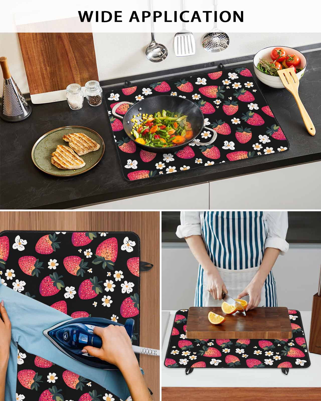 nqOlkjepod Large Induction Cooktop Protector Mat 24"x21", Strawberry Stove Top Covers for Electric Stove, Black Spring Summer Rustic Floral Fruit Stove Burner Cover Mats, Glass Top Stove Cover