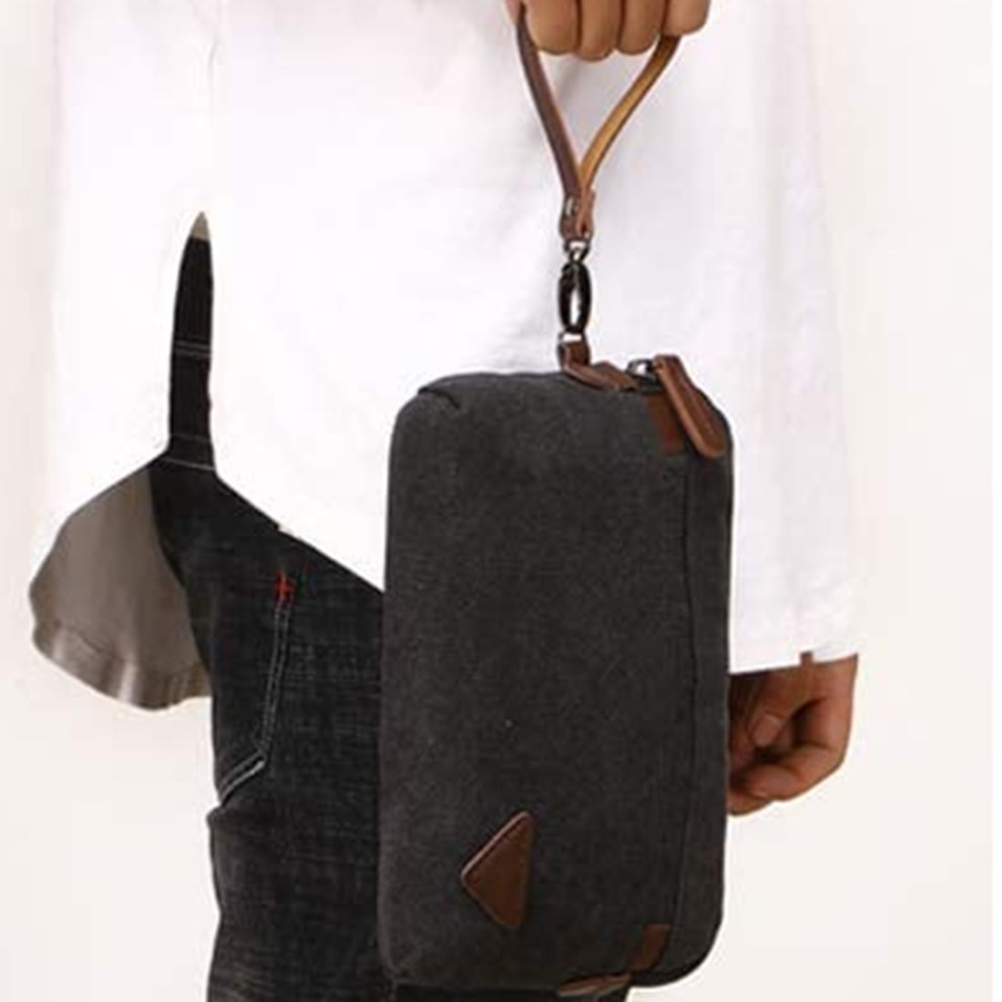 Canvas Wristlet Bag Large Clutch Wallet Purse Zipper Pouch Handbag Organizer with Leather Strap for Women Men