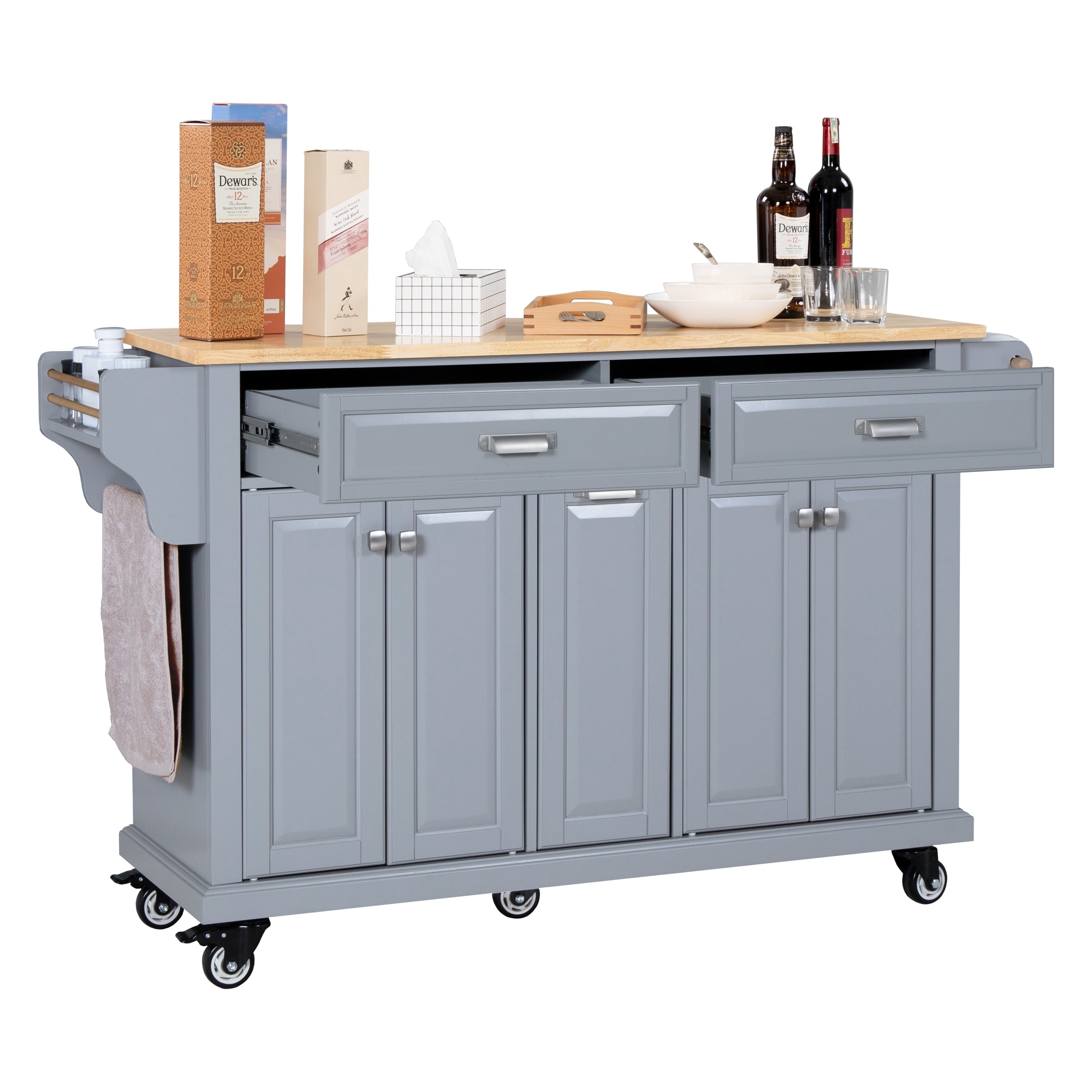 AR Airui Polin 60.5" Kitchen Island on Wheels, 4 Doors 3 Drawers, Rubberwood, Gray