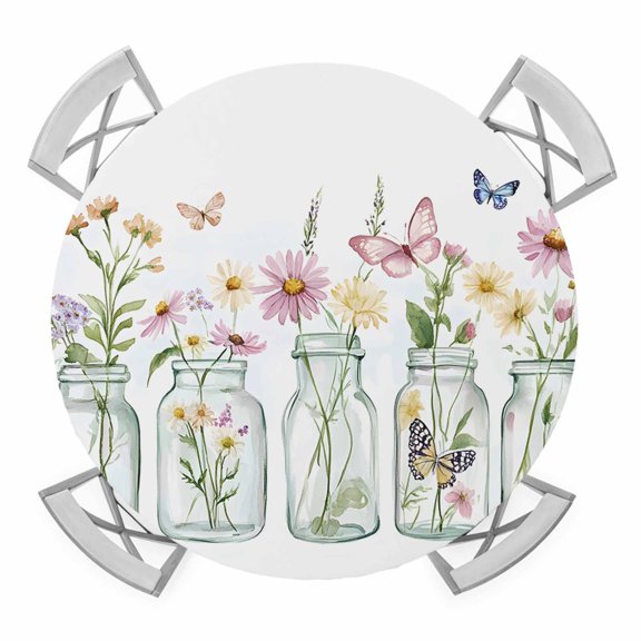 Colorful Butterflies Round Tablecloth for 45-54 Inch Tables,Fitted Table Cover with Elastic Edge,Minilism Elegant Floral Spring Waterproof Outdoor Table Cloth Protector for Patio Garden Dinner Picnic
