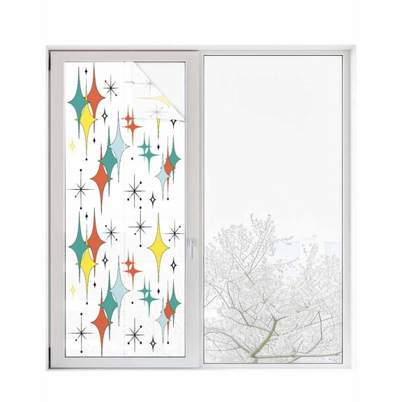 Window Privacy Film Teal Yellow Orange Boho Stained Glass Window Film Decorative Sun Block Window Cover Middle Century Star Rhombus Window Clings Static Adhesive Sticker for Bathroom 29.5"x78.7"