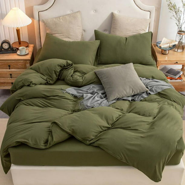 Pure Era Jersey Knit Duvet Cover Set, Olive Green Twin Bedding