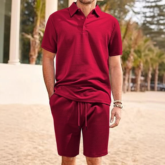 Men's 2 Piece Summer Outfits Waffle Knit Outfit Polo Shirt and Shorts Textured Summer Set