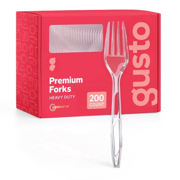 GUSTO Premium Clear Plastic Forks Heavy Duty Disposable Silverware, 200-Pack