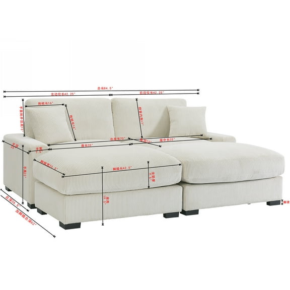 JERFIT 4-Piece Modular Sectional Sofa Set with Ottoman and Pillows, Reversible Chaise, Cream Corduroy Upholstery for Living Room