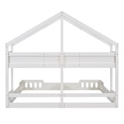 Twin Size House Floor Bed with Roof, Wood Double Twin Beds with Shelves and Guardrail for 2 Kids, Two Shared Beds Montessori Bed Frame, House Platform Bed for Girls Boys, Creamy White