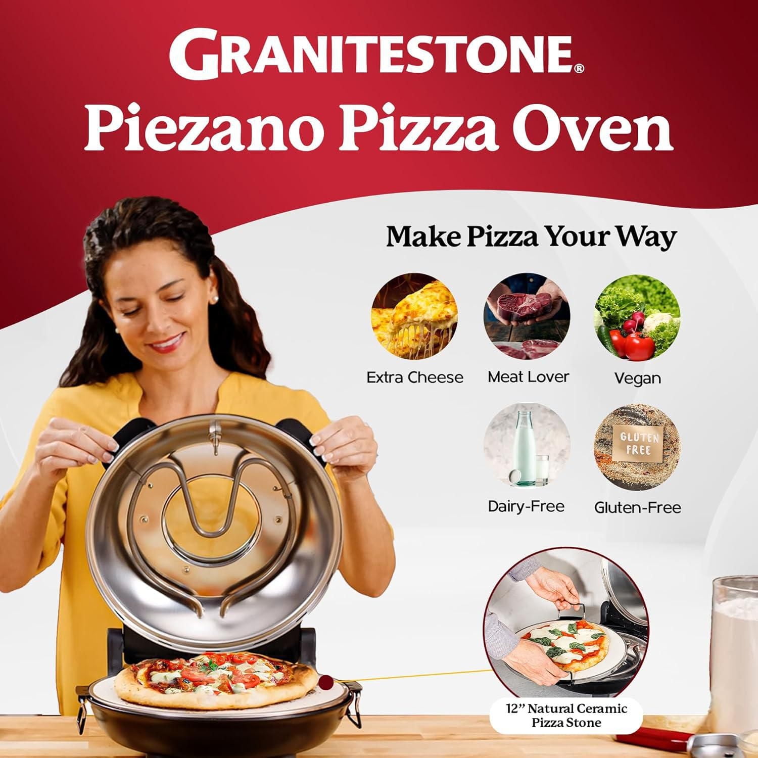 Granitestone Piezano Portable 12 Inch Electric Oven Stone-Baked Indoor Outdoor Countertop Pizza Maker Heats to 800F Nonstick