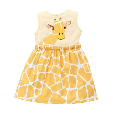 

Toddler Kids Baby Girls Cute Tank Dress Round Neck Giraffe Print Dress Ruffle Splicing Color Sleeveless Dress
