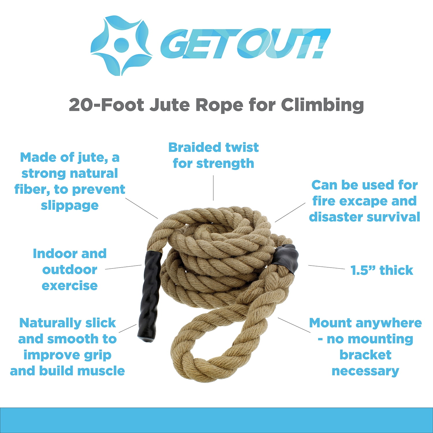 20 FT. Indoor / Outdoor Exercise Climbing Rope - 1.5 Inch Diameter, 1-1/2  Inch x 20 Feet - Foods Co.