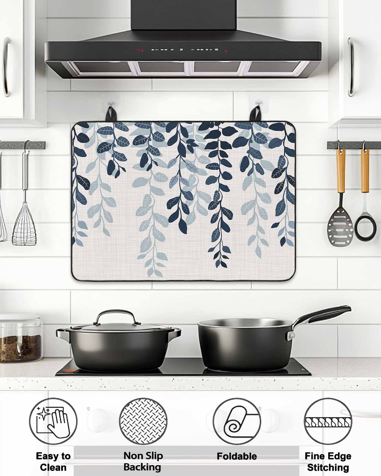 Stove Top Covers for Electric Stove, Navy Blue Ombre Botanical Glass Stovetop Cover Protector, Watercolor Pastoral Leaf Rustic Induction Cooktop Protector Oven Mat for Kitchen Countertop 24"x21"