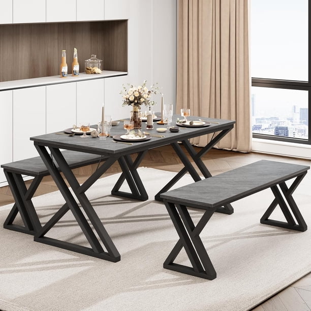 Kitchen room mesa set con benches. 44.8 - pulgada dining mesa set para 4, sturdy metal kitchen mesa con x - metal frame, space - saving, ideal para para kitchen, apartment, studio (gris)