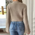 thumbnail image 5 of GUZOM Sweaters Womens Khaki Crochet Flower Cropped Mock Neck Bell Sleeve Sweater - Acrylic Chunky Knit Fall Winter Casual Top,Size S, 5 of 5