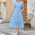thumbnail image 2 of Robes pour Femmes 2025 Été Manches Courtes Robe Maxi Décontractée Col en V Œillet Volantée Évasée Longue, 2 of 5