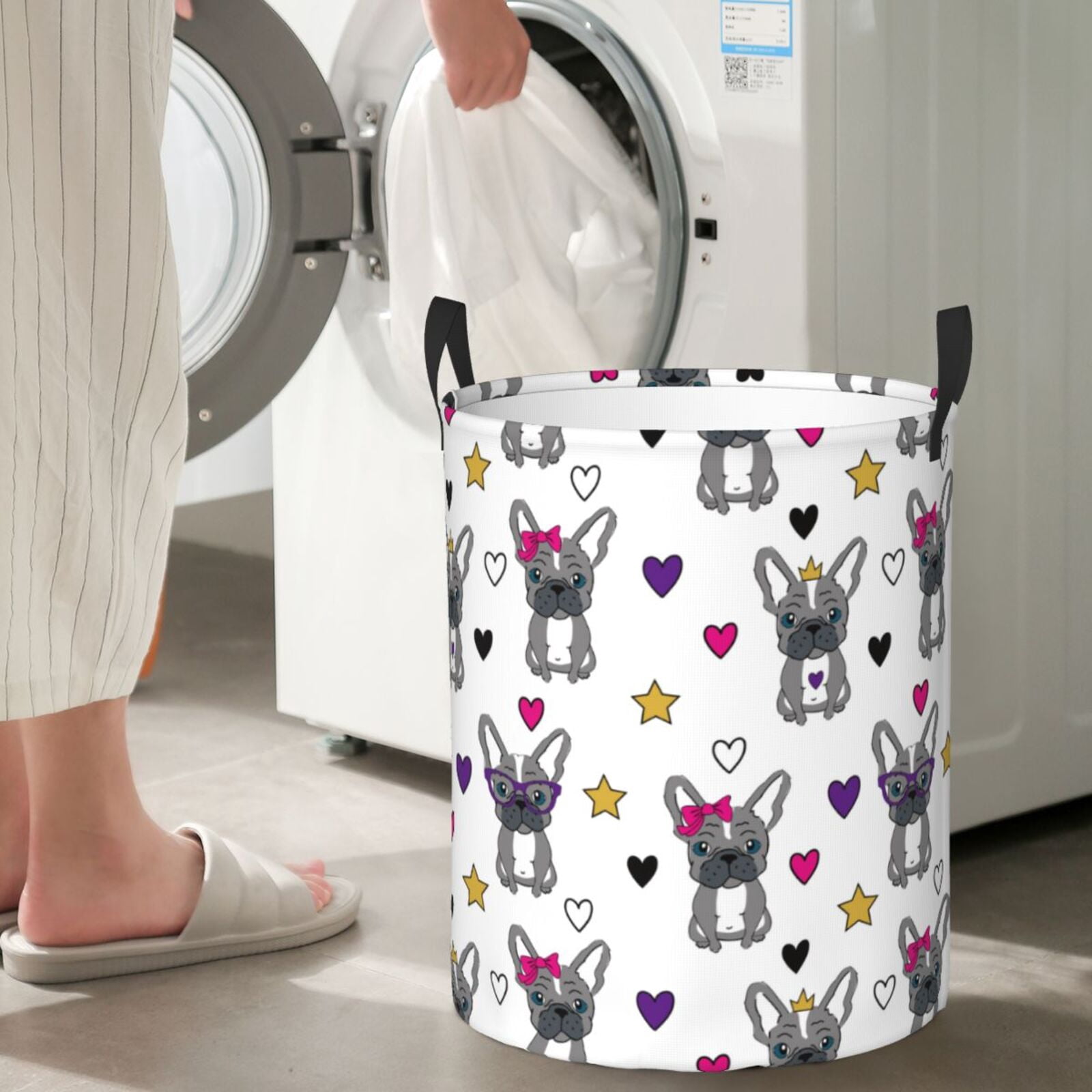 Large Laundry Basket with Handles - Cute French Bulldog Love Stars Kids Baby Dirty Clothes Laundry Hamper for Bedroom Aesthetic