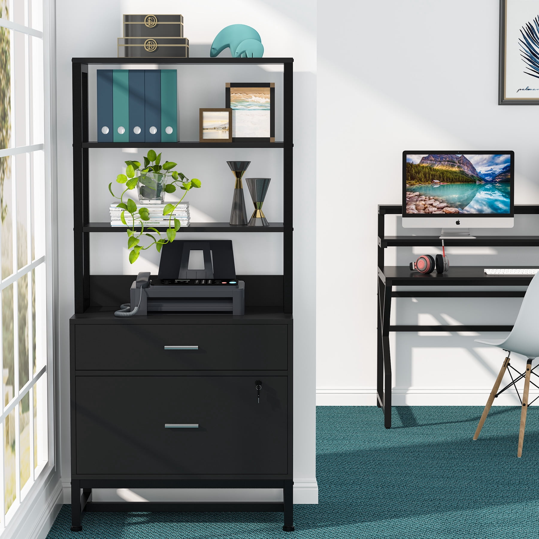 Tribesigns 2 Drawer Locking File Cabinet with Bookshelf Black Durable Storage