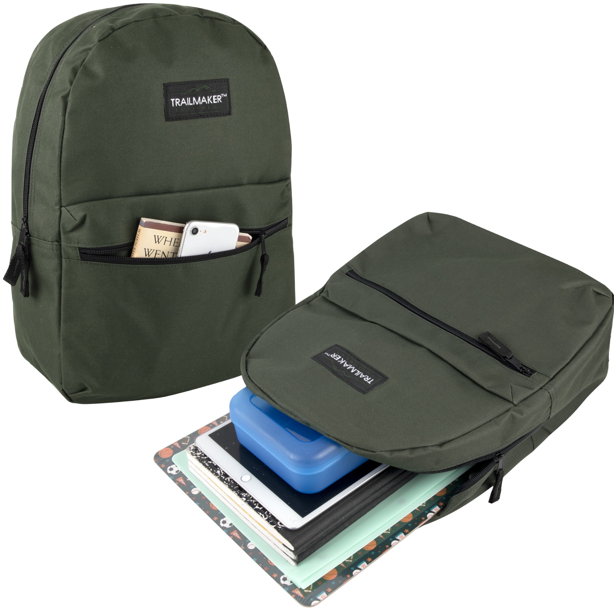 Classic Solid Color 17 Inch Backpack with Front Zipper Accessory Pocket, Dual Zipper Closure & Padded Shoulder Straps for Work, Office, Gym, Sports, Travel, Commute & Recreation in Hunter Green