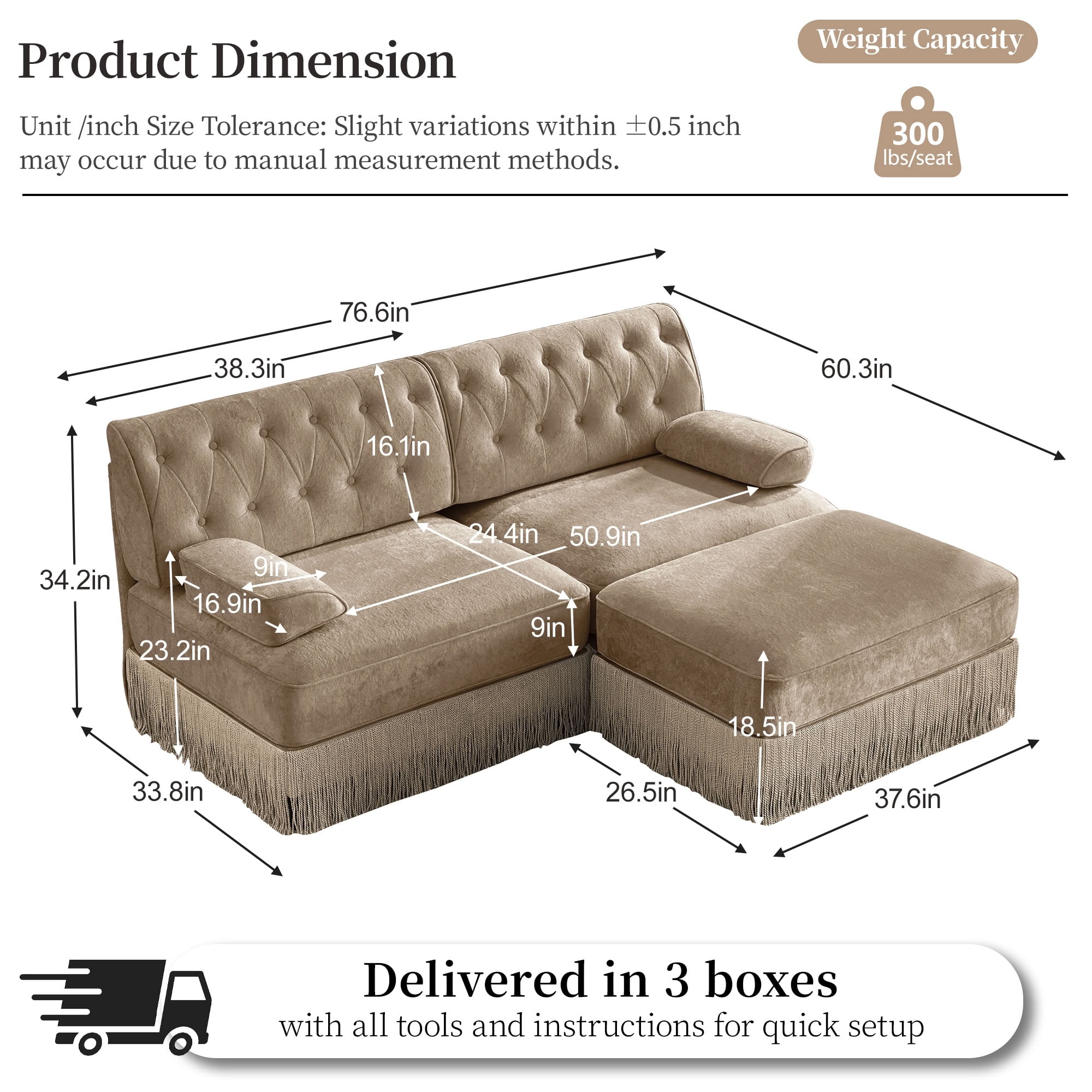 MAYEERTY L-Shaped Chesterfield Sofa, Modular Couch with Tassel & Ottoman, Solid Wood Base for Living Room Bedroom
