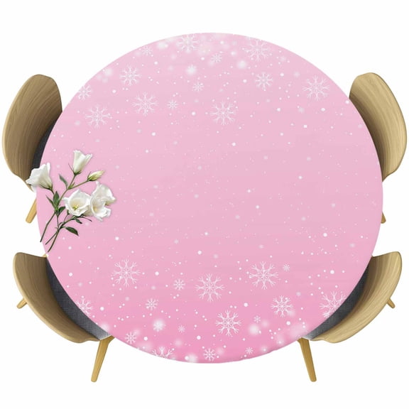 Round Fitted Tablecloth with Elastic Edge, Winter Snowflake on Pink Fitted Table Cloth for Round Tables 55-60in, Christmas Floating Snowflakes Waterproof Tablecloth for Outdoor Picnic Party
