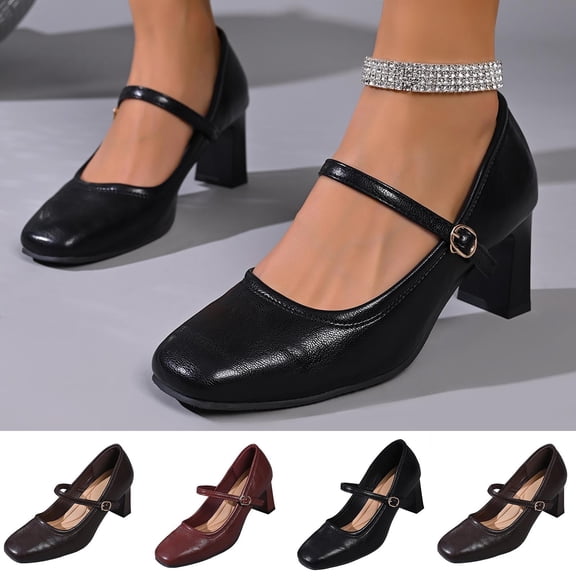 Miluxas Women's Mary Jane Pumps, Block Heel, Square Toe, Ankle Strap with Buckle, office Dress Shoes Wine 9(42)
