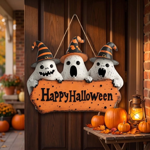 Flat Wooden Halloween Door Sign, Spooky Hanging Welcome Decoration for Front Porch and Home Entryway