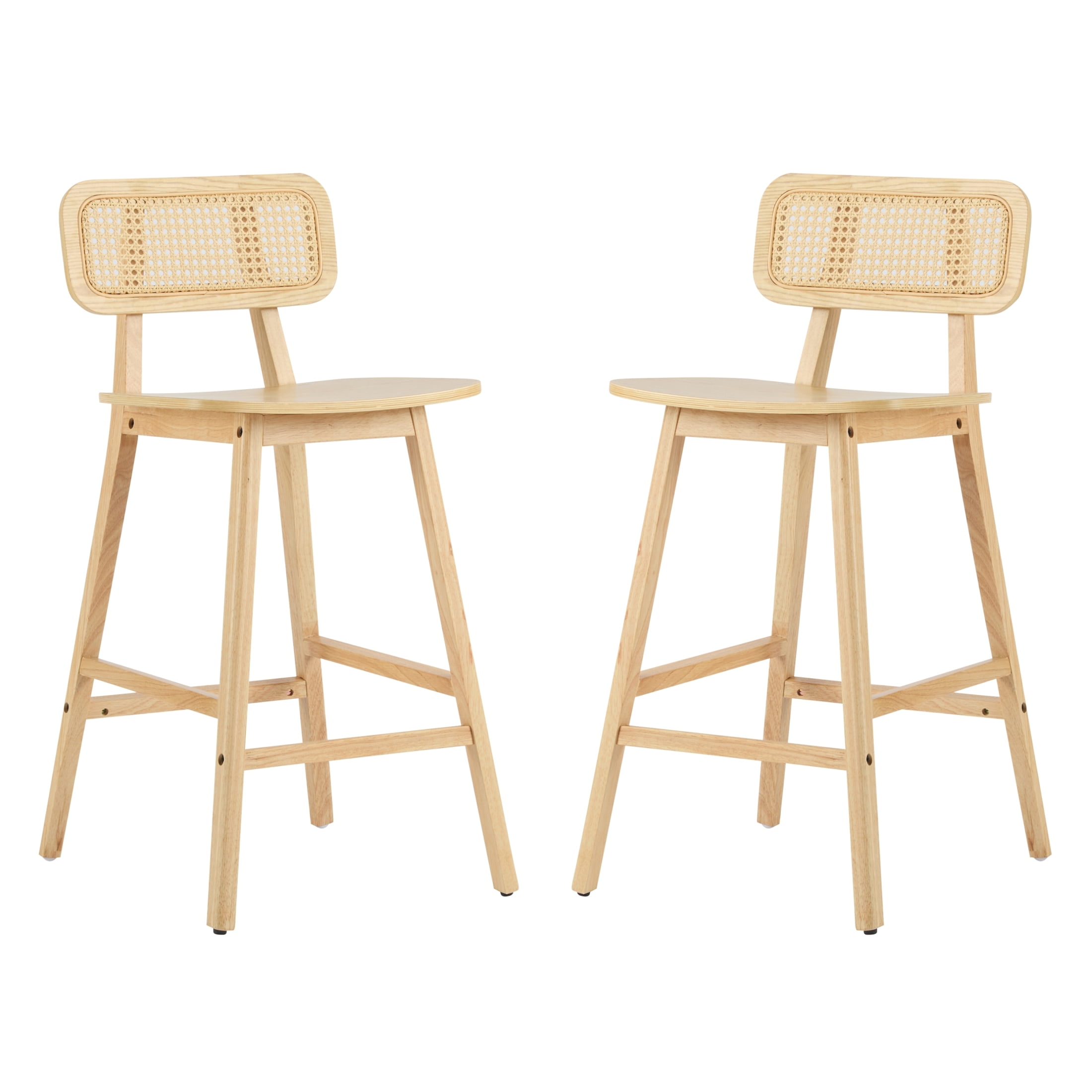 Christopher Knight Home 25.75" Mid-Century Modern Barstools with Rattan Backrest and Solid Wood Frame, Natural, Set of 2