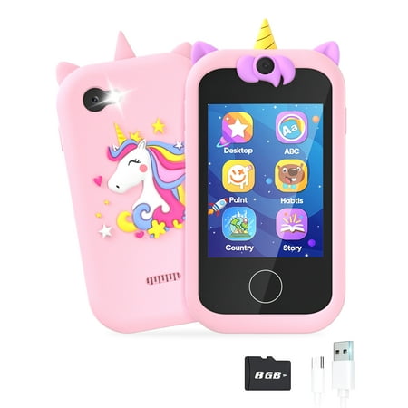 Prysyed Kids Toy Phone for Toddlers, Christmas Birthday Unicorns Gifts for 3 4 5 6 7 8 years old Girls, Electronic Learning Toy for girls age 3-11 with Dual Camera 8G SD Card