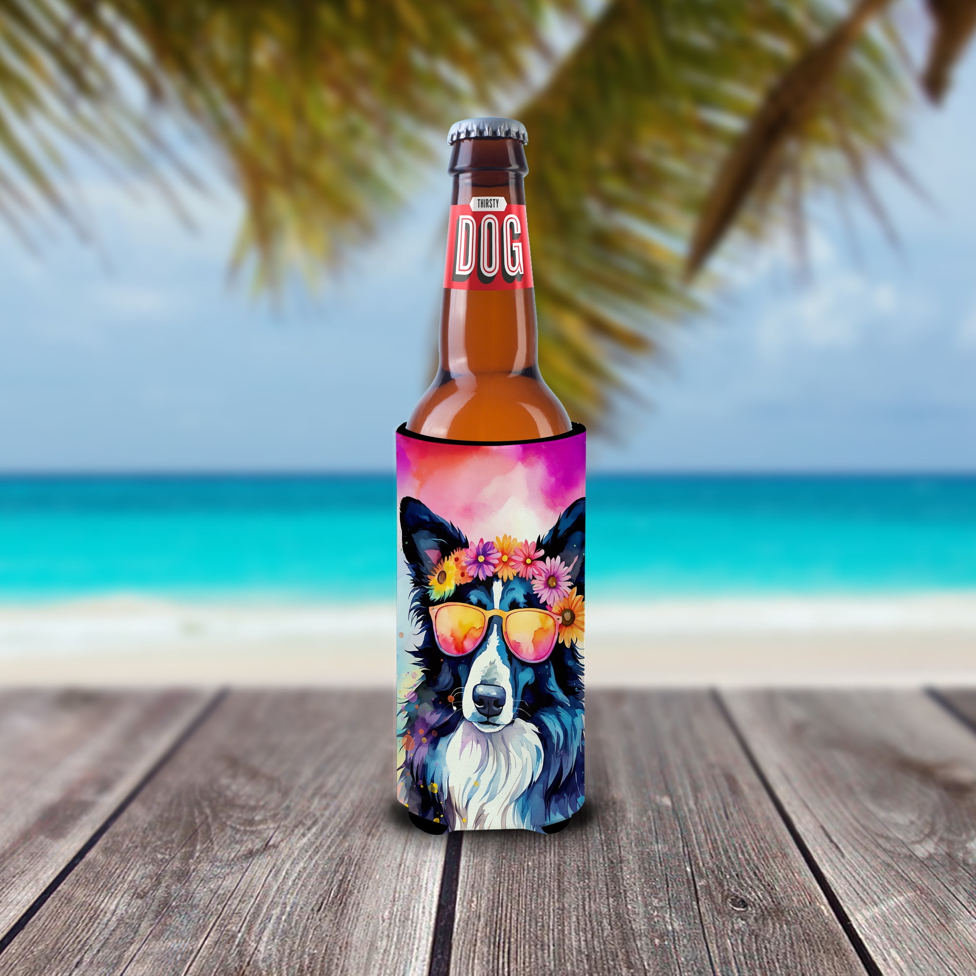 Border Collie Hippie Dawg Hugger for Ultra Slim Cans 4 in x 6.5 in