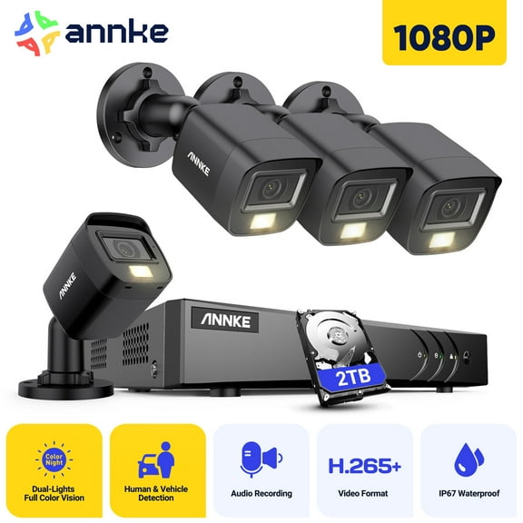 ANNKE 8CH Wired Outdoor Security Camera System with AI Human/Vehicle Detection, 5MP Lite H.265  CCTV DVR Recorder and 4 x 1080P Surveillance Cameras, Email Alert with Snapshots, 2TB HDD, Black