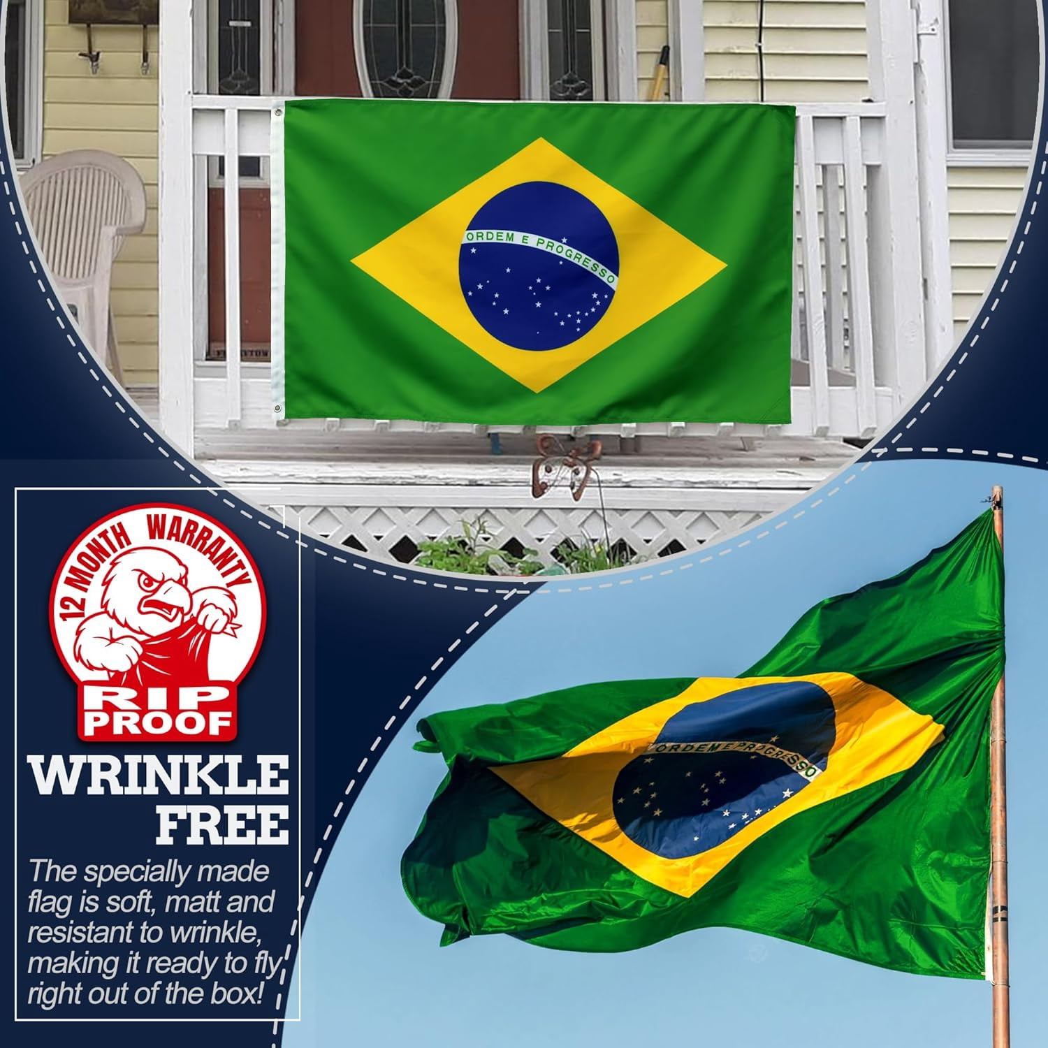 Anley Rip-Proof Double Sided 3-Ply Brazil Flag 3x5 Foot - Brazilian National Flags 300D Polyester