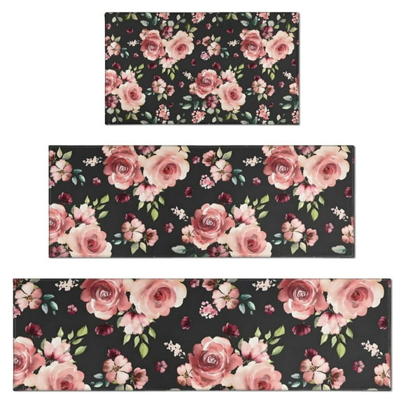 Pioneer Flower Floral Print Pattern Kitchen Rugs Sets Of 3,Kitchen Runner Rugs Non Skid Washable,Decorative Kitchen Floor Mats for Kitchen,Sink,Laundry,17"x30" 17"x47" 17"x59"
