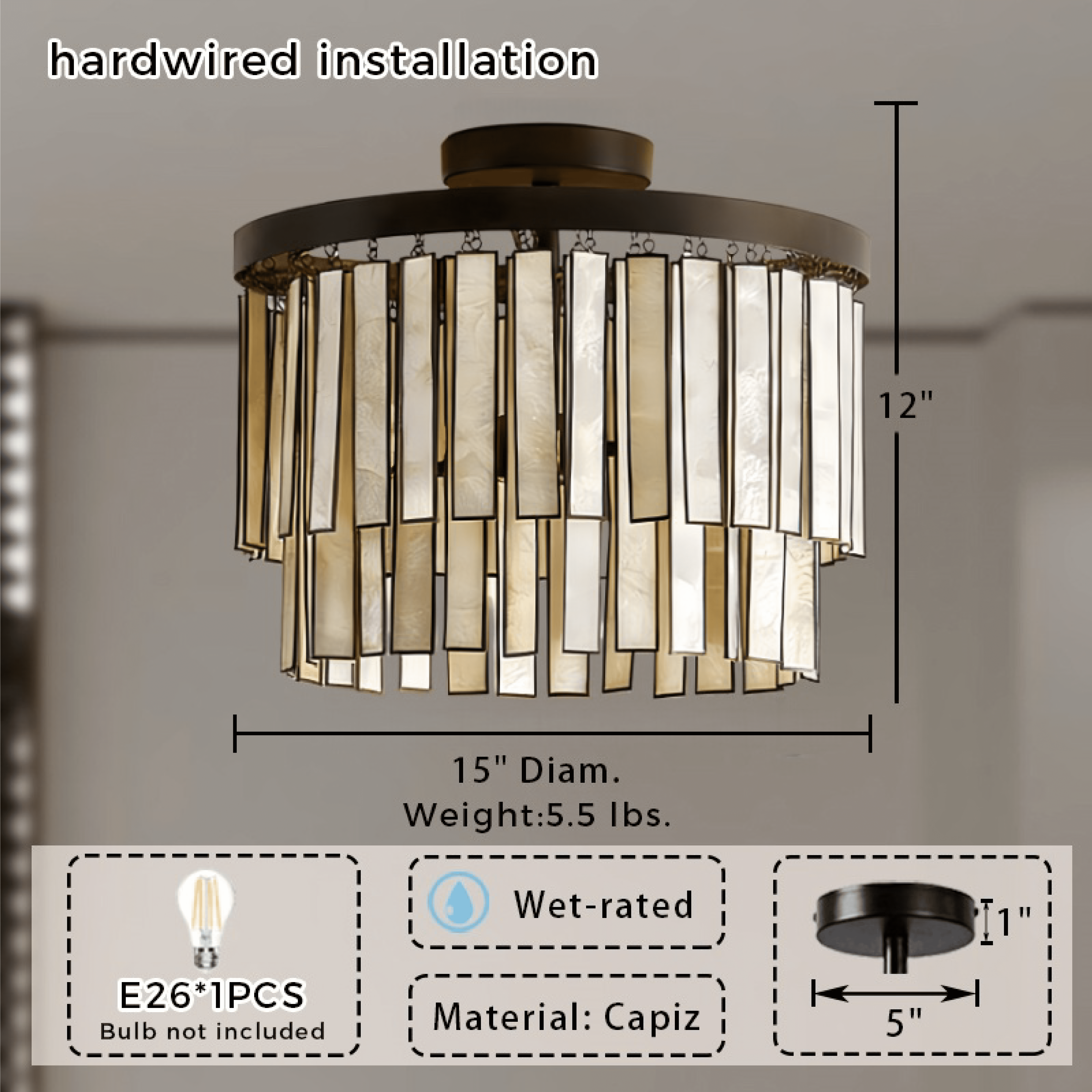 Natural Coastal Ceiling Light , Indoor Flush Mount with Round Bronze Capiz Tile, Hand-polished Light Fixture, Close to Ceiling Light for Bedroom, Entryway, Living Room