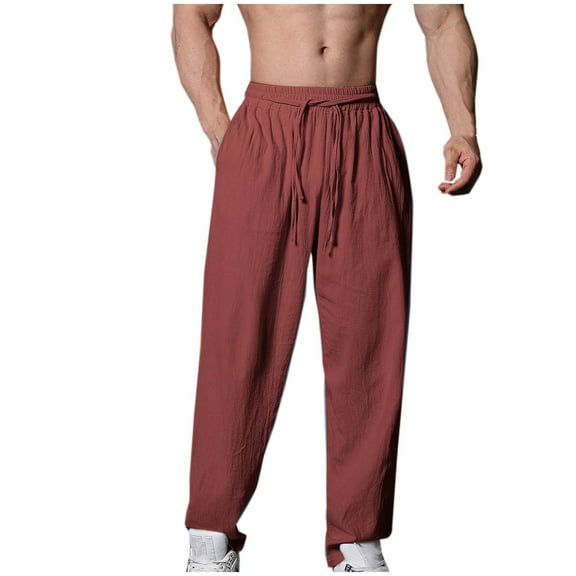 Diufon Cotton Linen Pants for Mens Solid Color Lounge Pants Elastic Waist Drawstring Sportspants