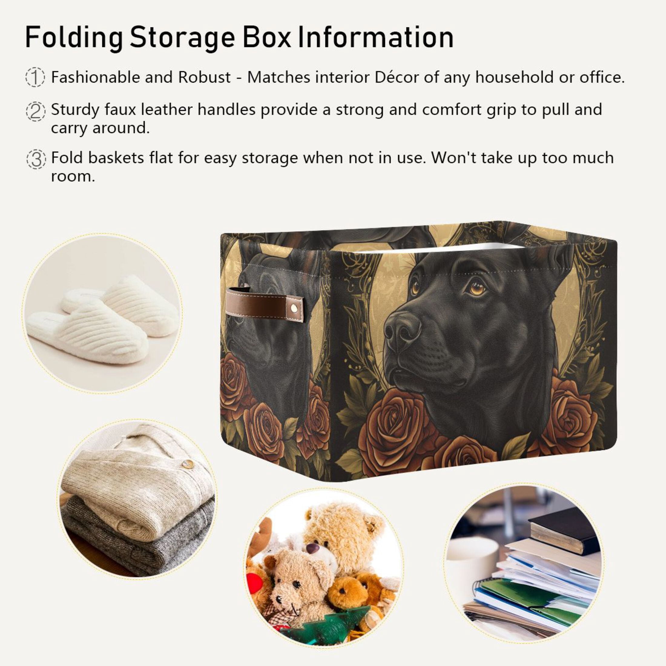 WOBOGO The Black Dog with Red Rose Square Storage Basket with Waterproof Canvas and PE Lining Durable PU Leather Handles 14.2×10.2×8.3in