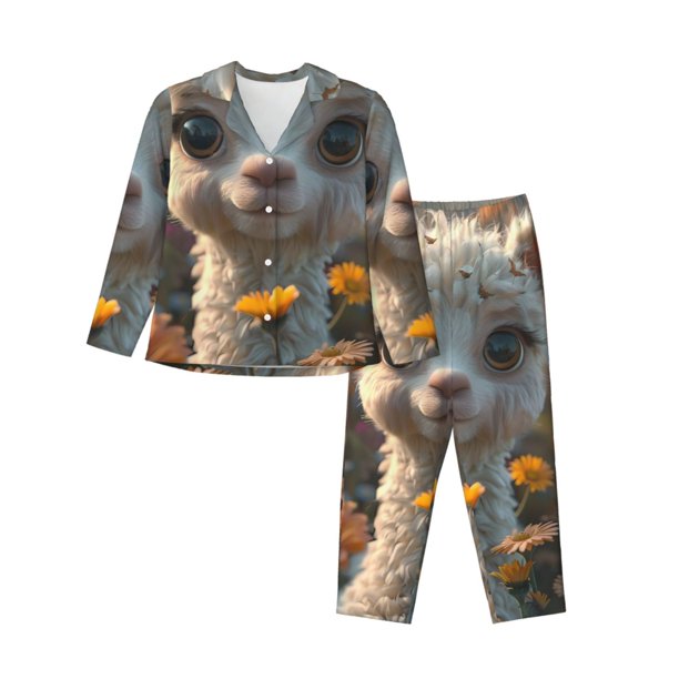 Fotbe Adorable Llama In Flowers Conjunto de Pijama de Manga Larga para Mujer con Estampado, Ropa de Dormir de 2 Piezas, Conjunto de Casa Suave y Cómodo con Bolsillos-Small