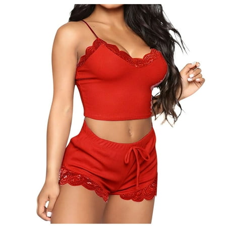 

BIZIZA Women Pajama Set Soft 2 Piece PJ Sets Loungewear Lace Sleepwear Cami Top and Shorts Red M
