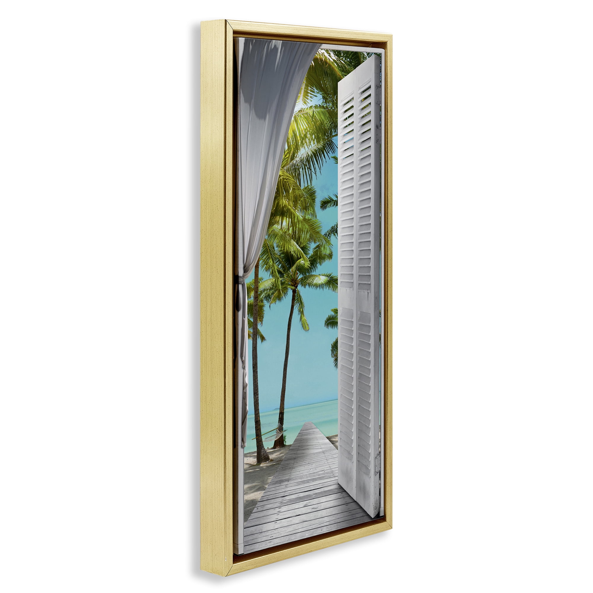 Stupell Industries Tropical Beach Villa View Nautical & Beach Painting Gold Floater Framed Canvas Art Print Wall Art, 14 x 31