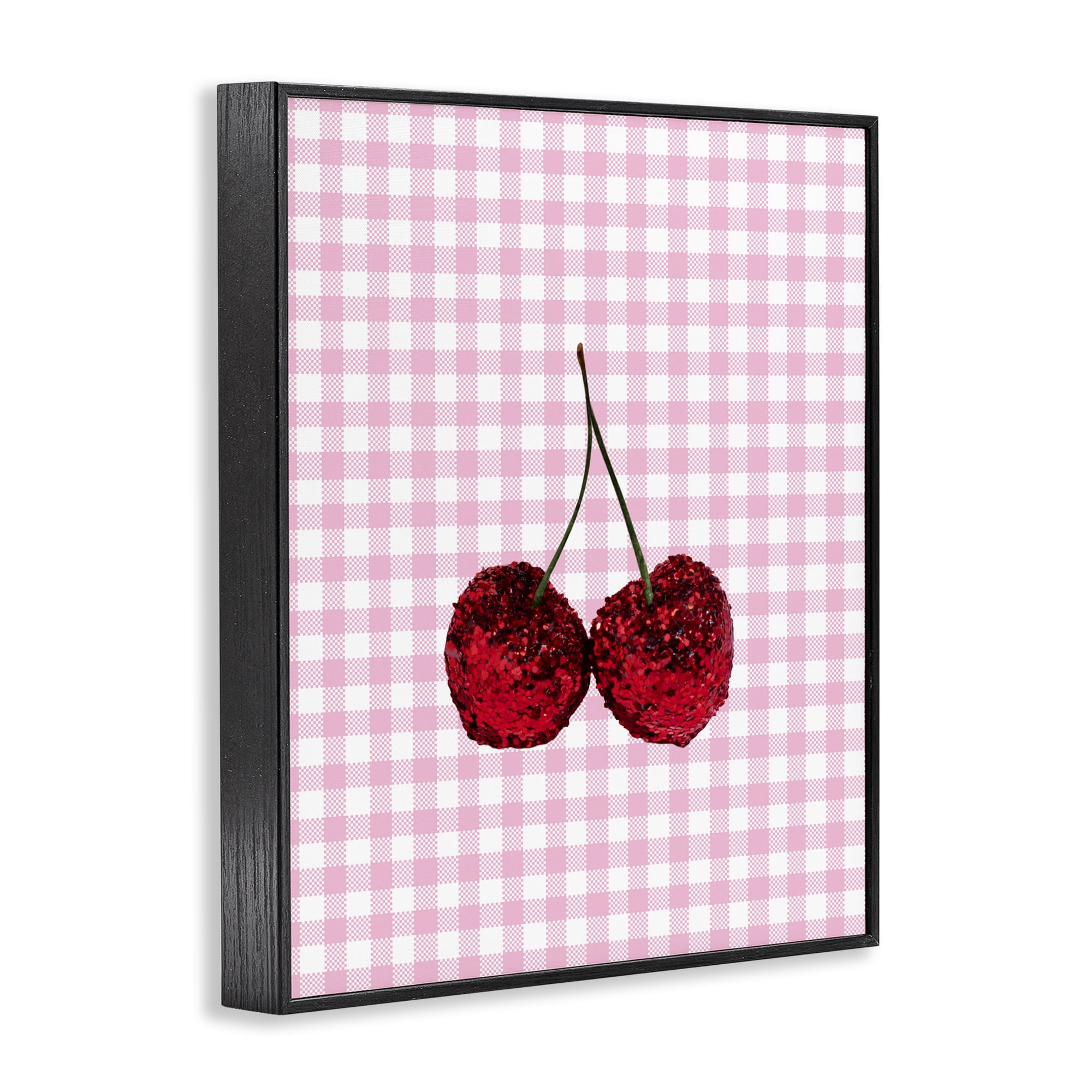 Stupell Industries Glitter Cherry on Pink Gingham Black Framed Giclee Art, design by LISH Creative