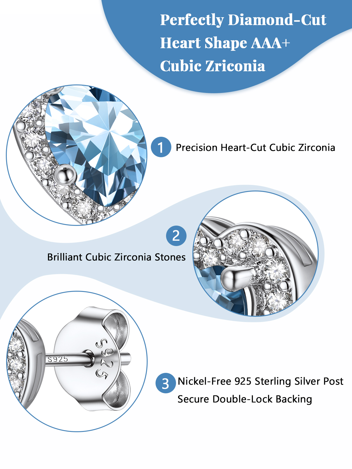 Silvora 925 Sterling Silver Heart Stud Earrings for Women March Birthstone Elegant Earring Birthday, Anniversary, Christmas Jewelry Gift